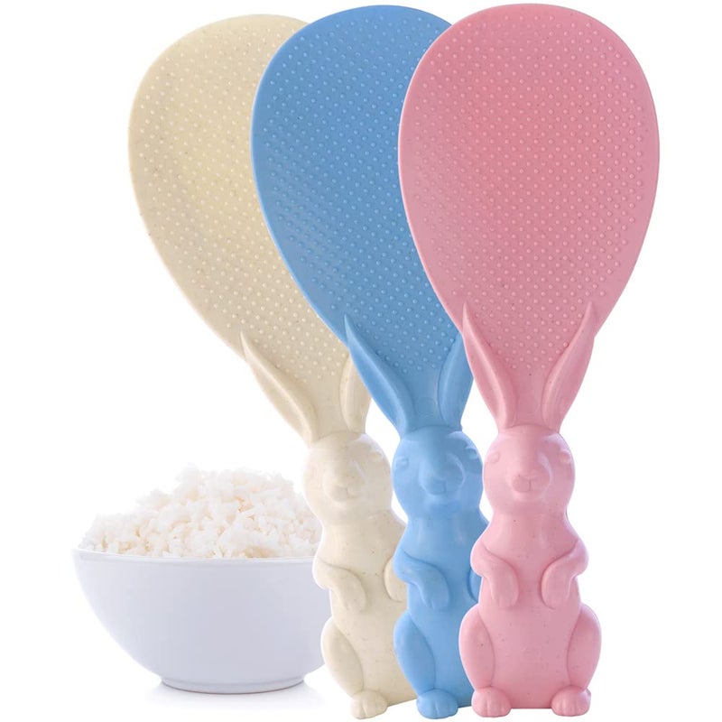 HengKe 3 Pieces Rabbit Shape Rice Paddle Bunny Cartoon Rice Spoon Non-stick Rice Spatula Stand-up Rice Spoon Paddle Standing Rice Cooker Spoon Stand-able Rice Serving Spoons Vertical Rice Scoop - Image 1